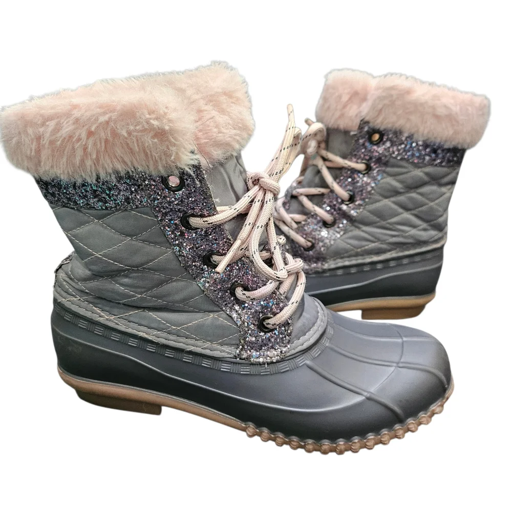 Alpine Woods Gray & Pink Fur-Lined Snowbunny Boots With Glitter Accents Sz3